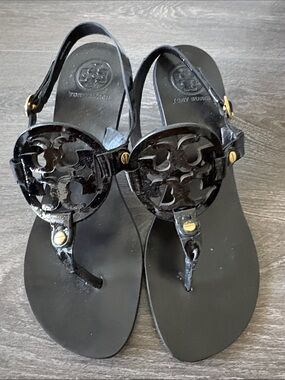 Tory Burch Black Patent Miller Logo Thong Sandals with Gold Accents